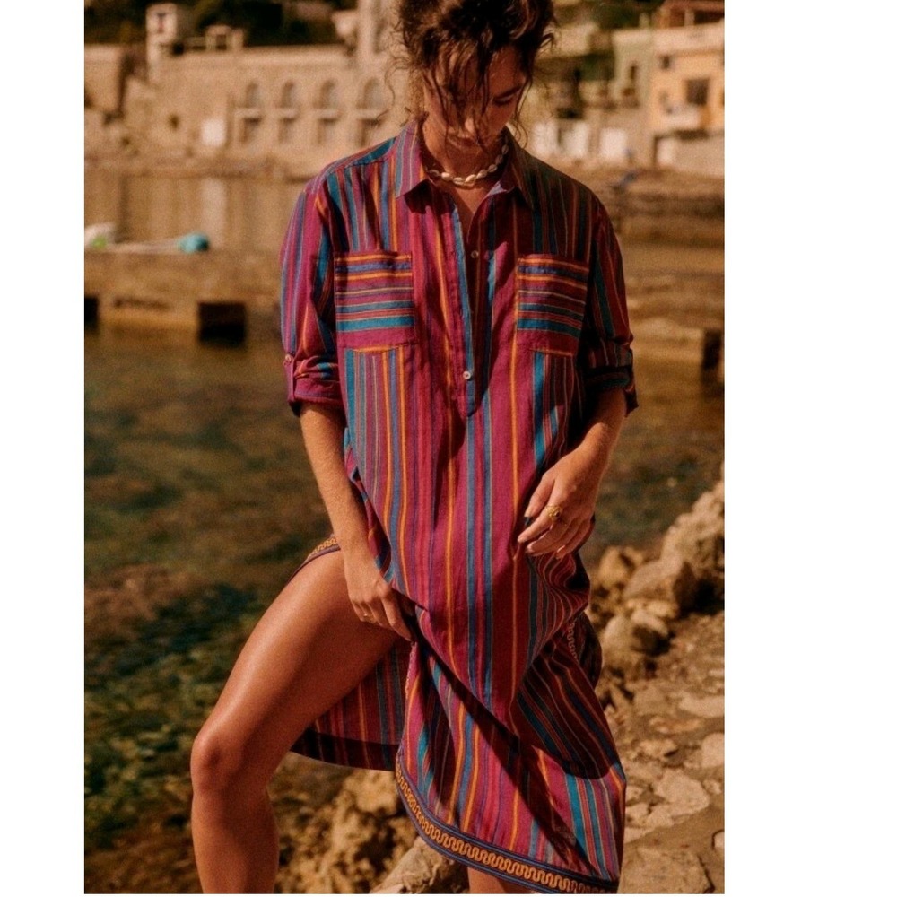 Sezane Women US 8 Robe Odile Shirt Dress Purple Multicolor Striped Boho Midi